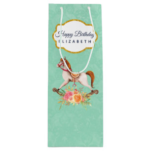 Vintage Rocking Horse with Floral Bouquet Birthday Wine Gift Bag