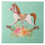 Vintage Rocking Horse with Floral Bouquet Ceramic Tile<br><div class="desc">Ceramic tile with a charming and fanciful image of an old fashioned rocking horse with a pretty floral bouquet in pink and yellow. The background is a light green shabby damask pattern.</div>