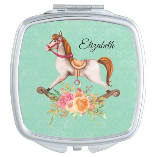 Vintage Rocking Horse with Floral Bouquet Compact Mirror