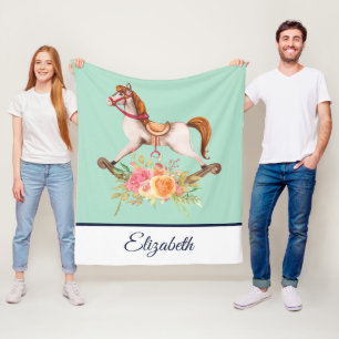 Vintage Rocking Horse with Floral Bouquet Fleece Blanket