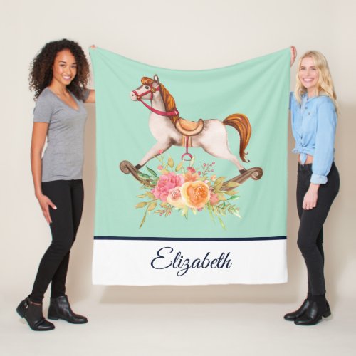 Vintage Rocking Horse with Floral Bouquet Fleece Blanket