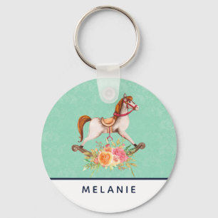 Vintage Rocking Horse with Floral Bouquet Keychain