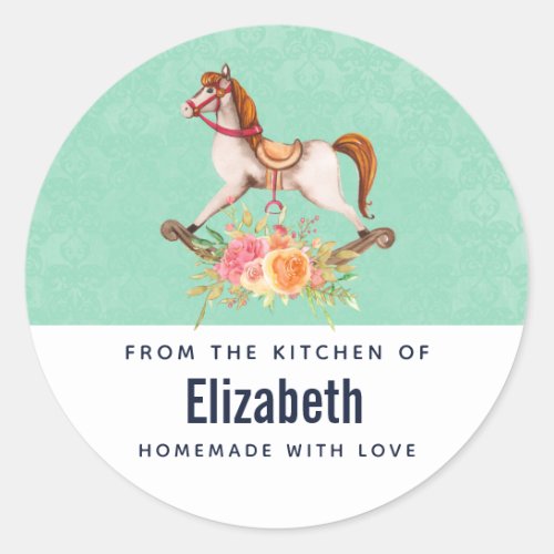 Vintage Rocking Horse with Floral Bouquet Kitchen Classic Round Sticker