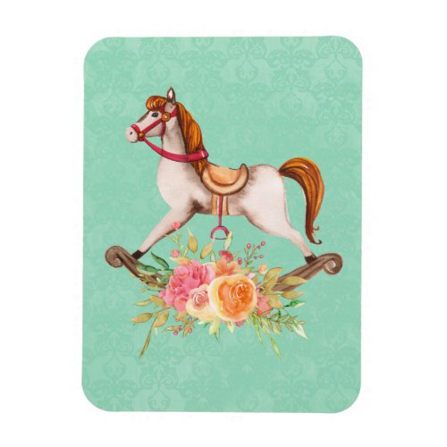 Vintage Rocking Horse with Floral Bouquet Magnet