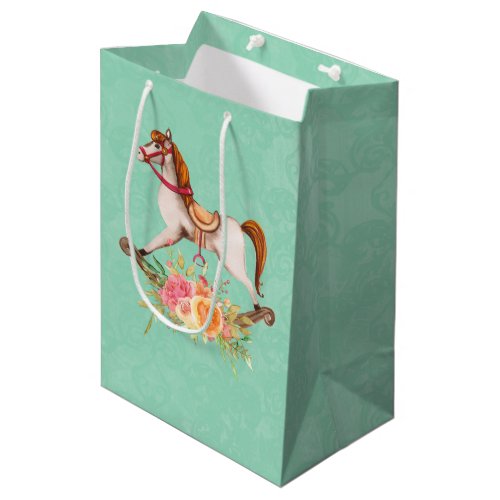 Vintage Rocking Horse with Floral Bouquet Medium Gift Bag