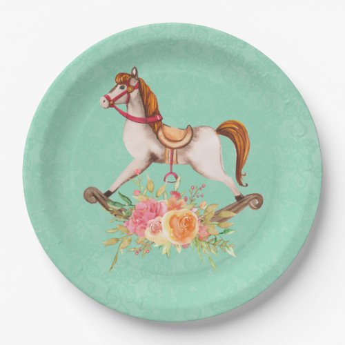 Vintage Rocking Horse with Floral Bouquet Paper Plates