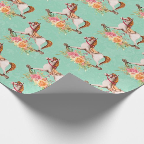 Vintage Rocking Horse with Floral Bouquet Pattern Wrapping Paper