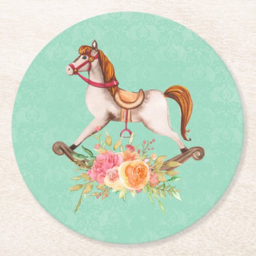 Vintage Rocking Horse with Floral Bouquet Round Paper Coaster