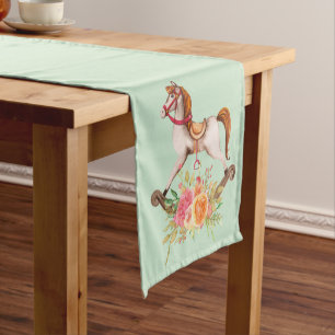 Vintage Rocking Horse with Floral Bouquet Short Table Runner