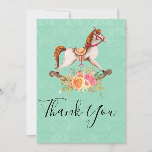 Vintage Rocking Horse with Floral Bouquet Thank You Card