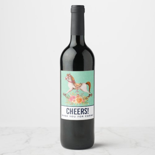 Vintage Rocking Horse with Floral Bouquet Thanks Wine Label