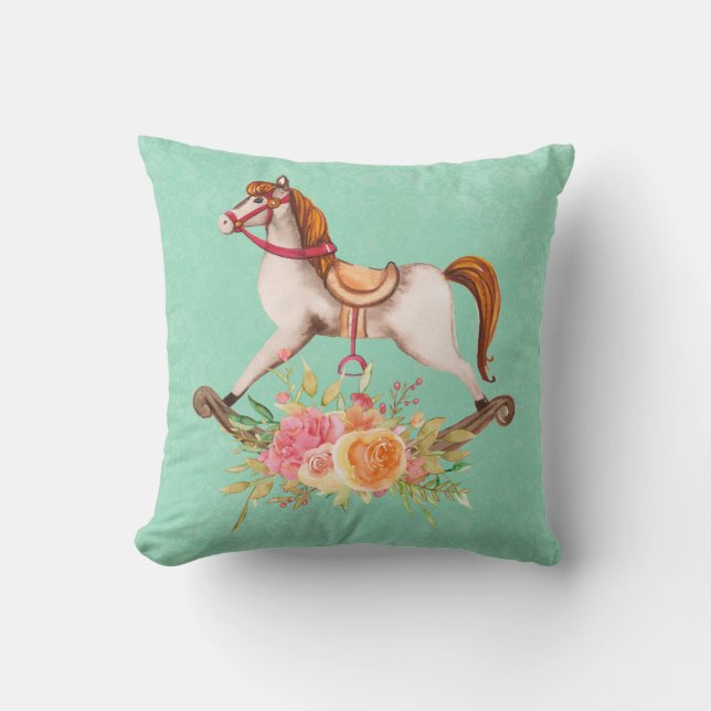 Vintage Rocking Horse with Floral Bouquet Throw Pillow (Front)