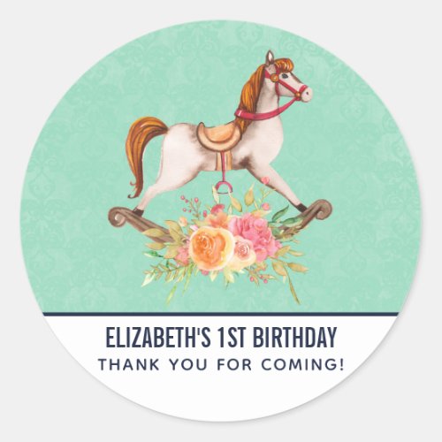 Vintage Rocking Horse with FloralS Birthday Thanks Classic Round Sticker