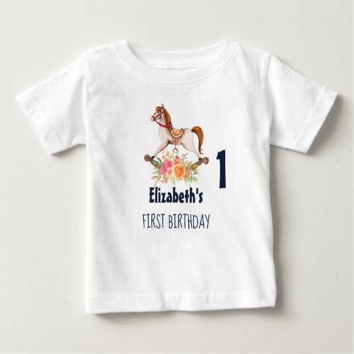 Vintage Rocking Horse with Florals First Birthday Baby T_Shirt