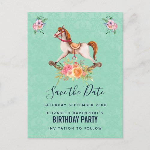 Vintage Rocking Horse with Florals Save the Date Postcard