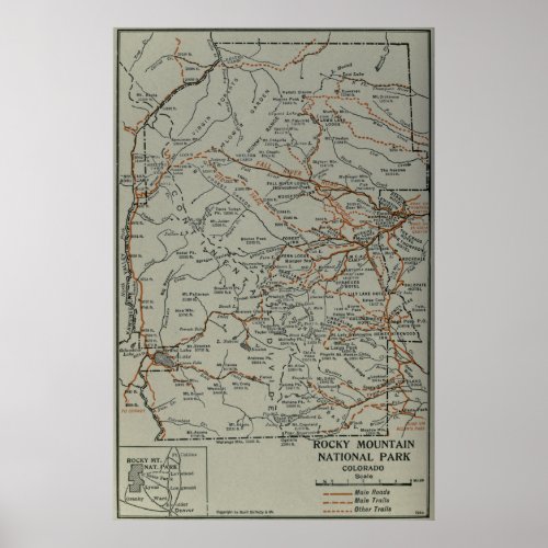 Vintage Rocky Mountains National Park Map 1919 Poster