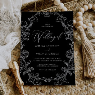 Vintage Rococo Black & White Line Art Wedding Invitation