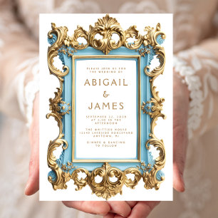 Vintage Rococo Blue Gold Frame Wedding Invitation