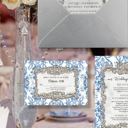 Vintage Rococo Blue White Silver Floral Wedding RSVP Card