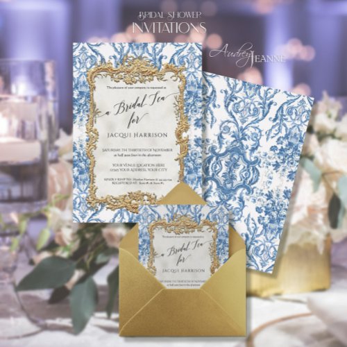 Vintage Rococo Floral Blue White Gold Bridal Tea Foil Invitation