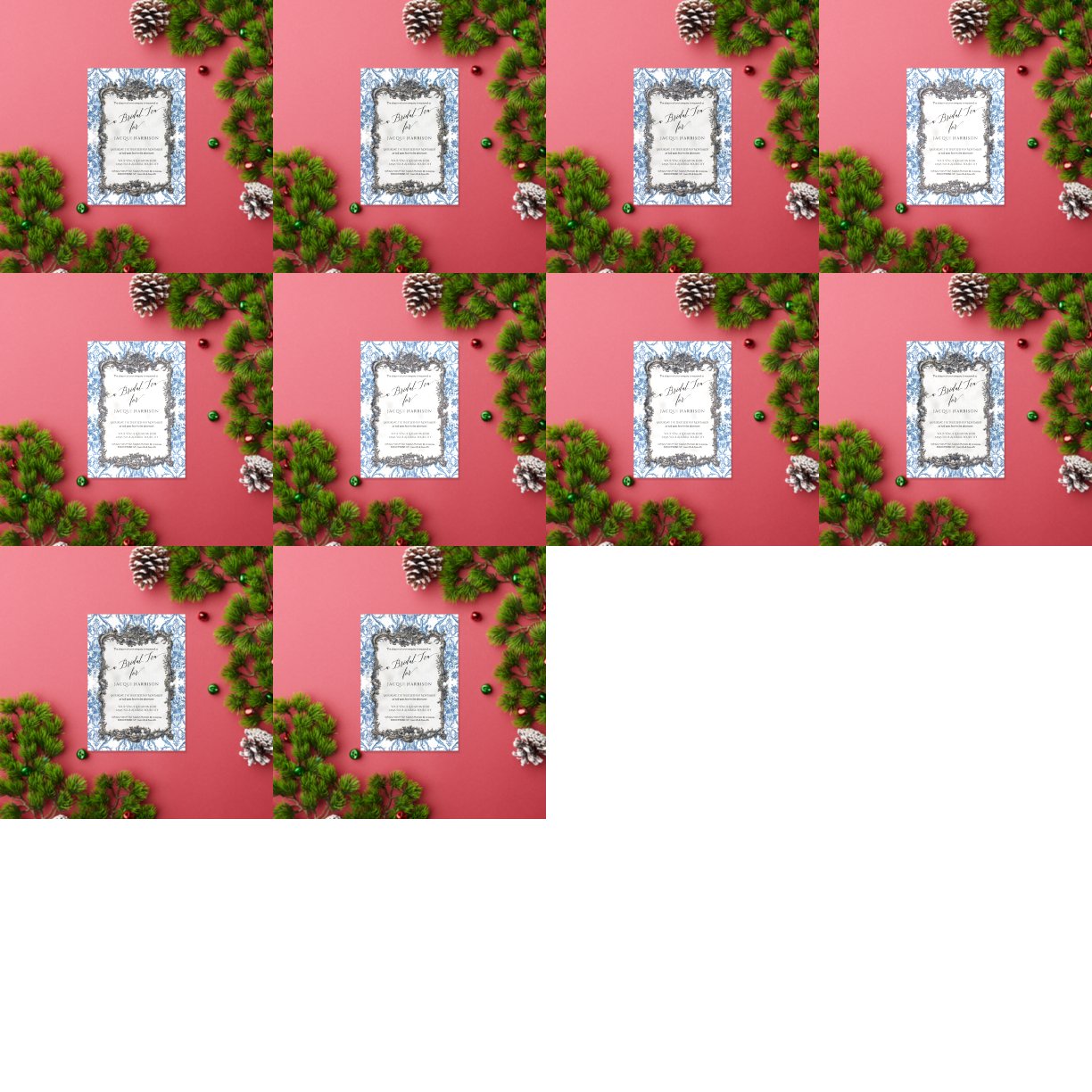 Vintage Rococo Floral Blue White Silver Bridal Tea Foil Invitation