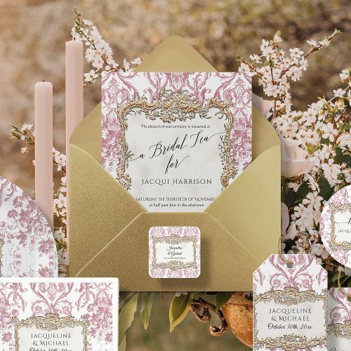 Vintage Rococo Floral Pink n White Gold Bridal Tea Foil Invitation