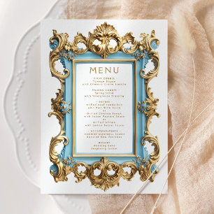 Vintage Rococo Frame Blue Gold Wedding Menu