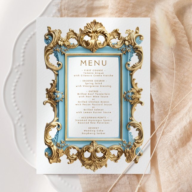 Vintage Rococo Frame Blue Gold Wedding Menu (Creator Uploaded)