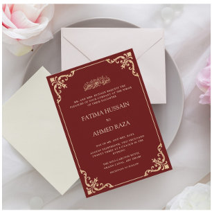 Vintage Rococo Frame Burgundy Red Nikah Ceremony Invitation
