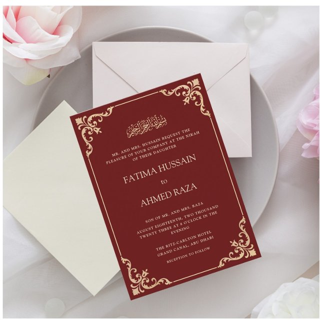 Vintage Rococo Frame Burgundy Red Nikah Ceremony Invitation (Creator Uploaded)
