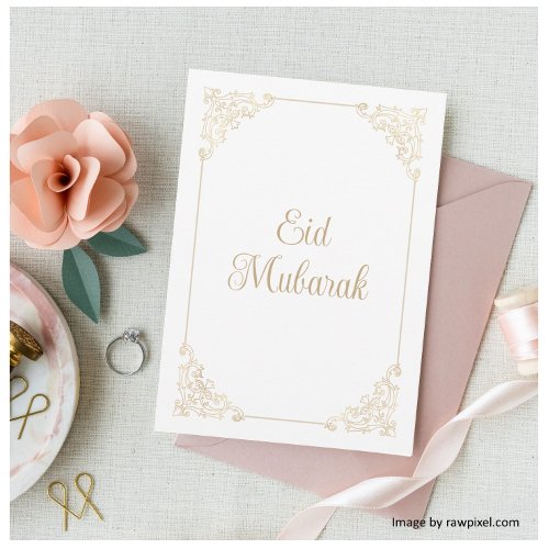 Vintage Rococo Frame White Gold Script Eid Mubarak Holiday Card
