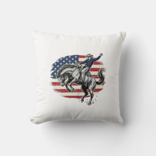 Vintage Rodeo Cowboy Patriotic Horse Rider Vector_ Throw Pillow