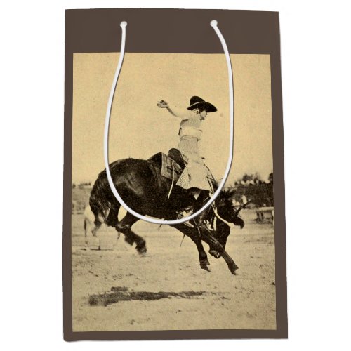 Vintage Rodeo Cowgirl on Bucking Horse Photo Medium Gift Bag