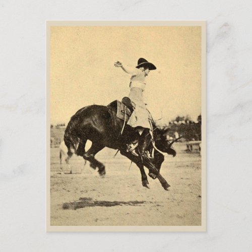 Vintage Rodeo Cowgirl on Bucking Horse Photo Postcard