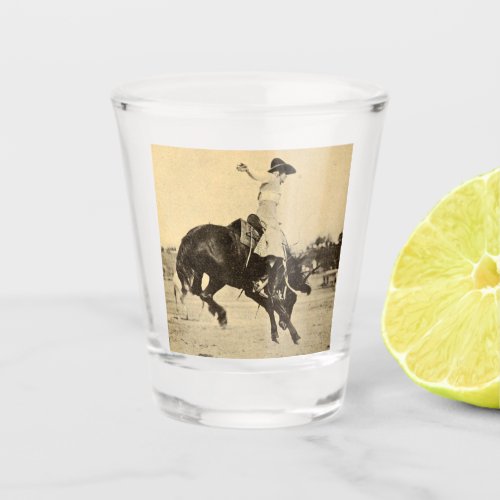 Vintage Rodeo Cowgirl on Bucking Horse Photo Shot Glass