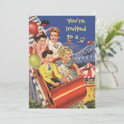 Vintage Children Roller Coaster Fun Birthday Party Invitations