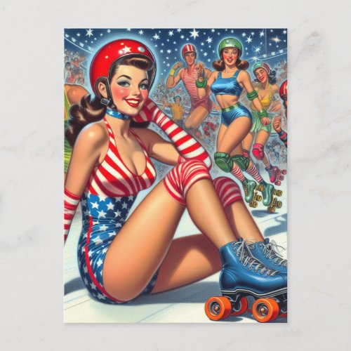 Vintage Roller Girl Illustration Postcard