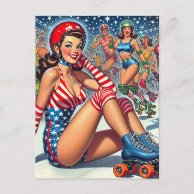 Vintage Roller Girl Illustration Postcard (Front)