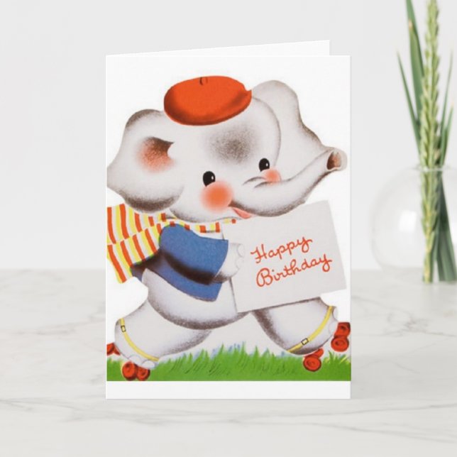 Vintage Roller Skating Elephant Birthday Card (Front)