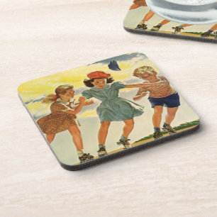 Vintage Roller Skating Fun Children Boys and Girls Beverage Coaster