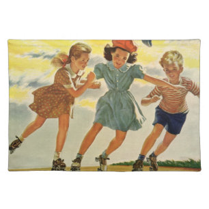 Vintage Roller Skating Fun Children Boys and Girls Cloth Placemat