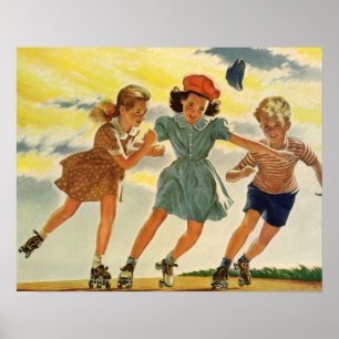 Vintage Roller Skating Fun Children Boys and Girls Poster