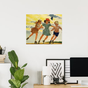 Vintage Roller Skating Fun Children Boys and Girls Poster