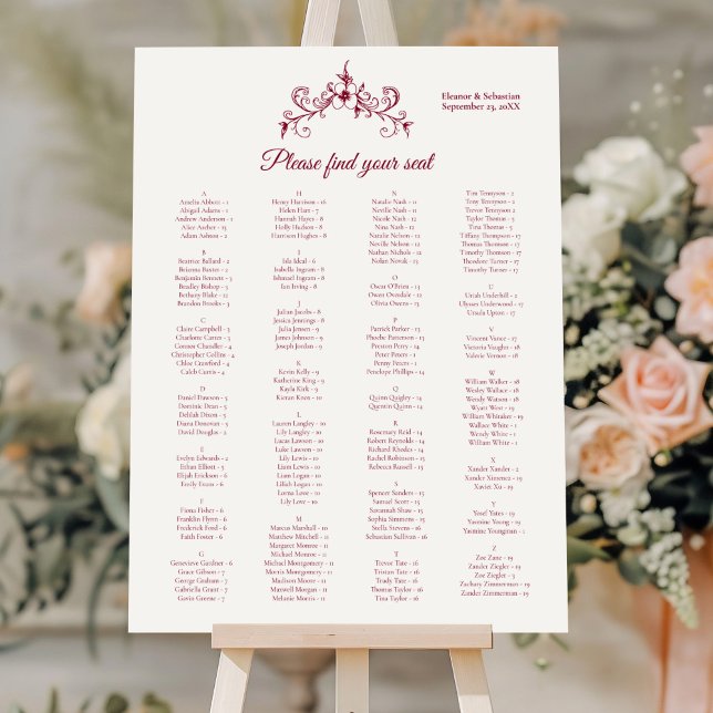 Vintage Romance Burgundy Alphabetical Seating Poster (Creator Uploaded)