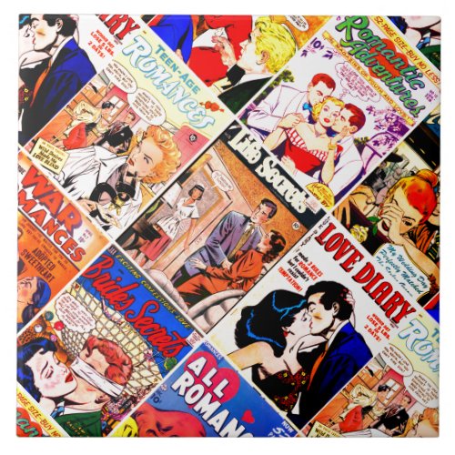 Vintage Romance Comic Book Cover Collage Ceramic Tile