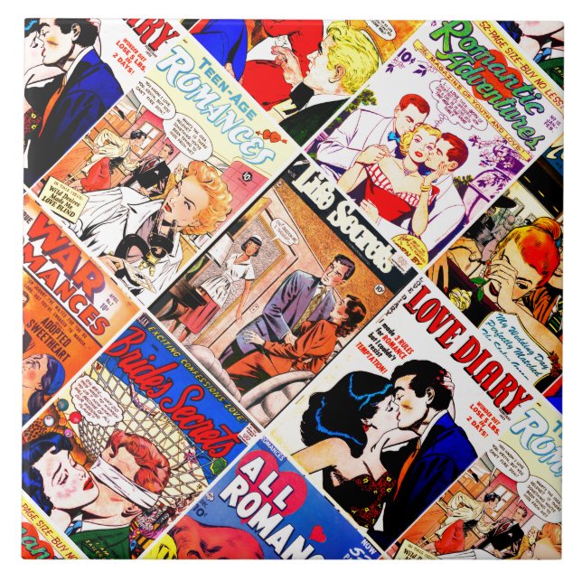 Vintage Romance Comic Book Cover Collage Ceramic Tile (Front)