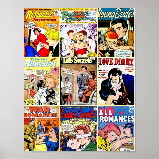 Vintage Romance Comic Book Cover Collage Poster (Front)