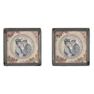 Vintage Romance Couple: Antique Roses Girly Love Gunmetal Finish Cufflinks