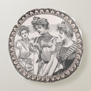 Vintage Romance Couple: Antique Roses Girly Love Round Pillow