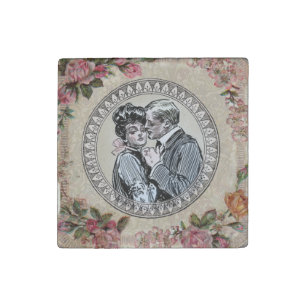 Vintage Romance Couple: Antique Roses Girly Love Stone Magnet
